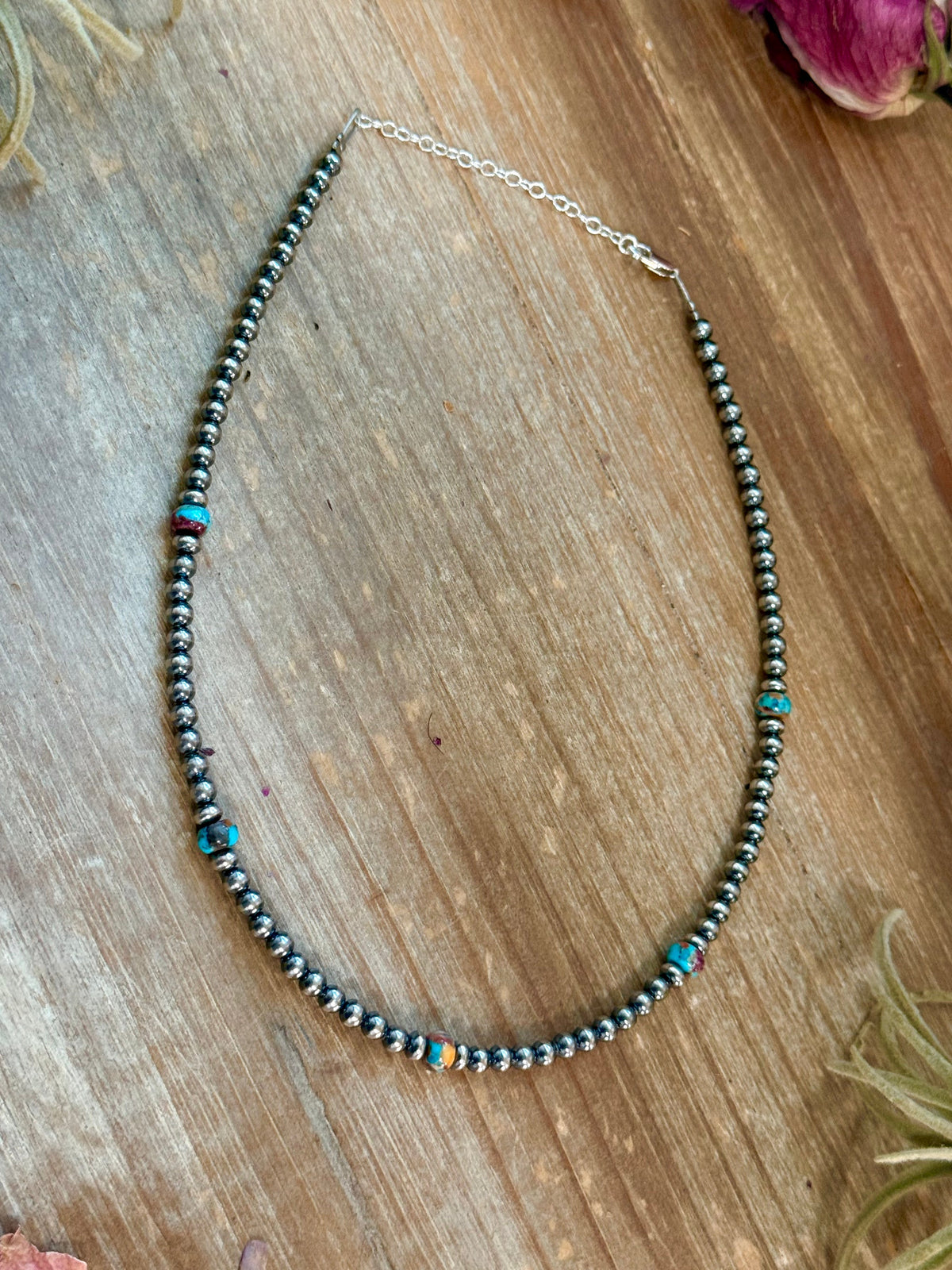 Mohave & Sterling Silver Beaded Necklace – 4 mm Sterling + 6 mm Mohave -DS