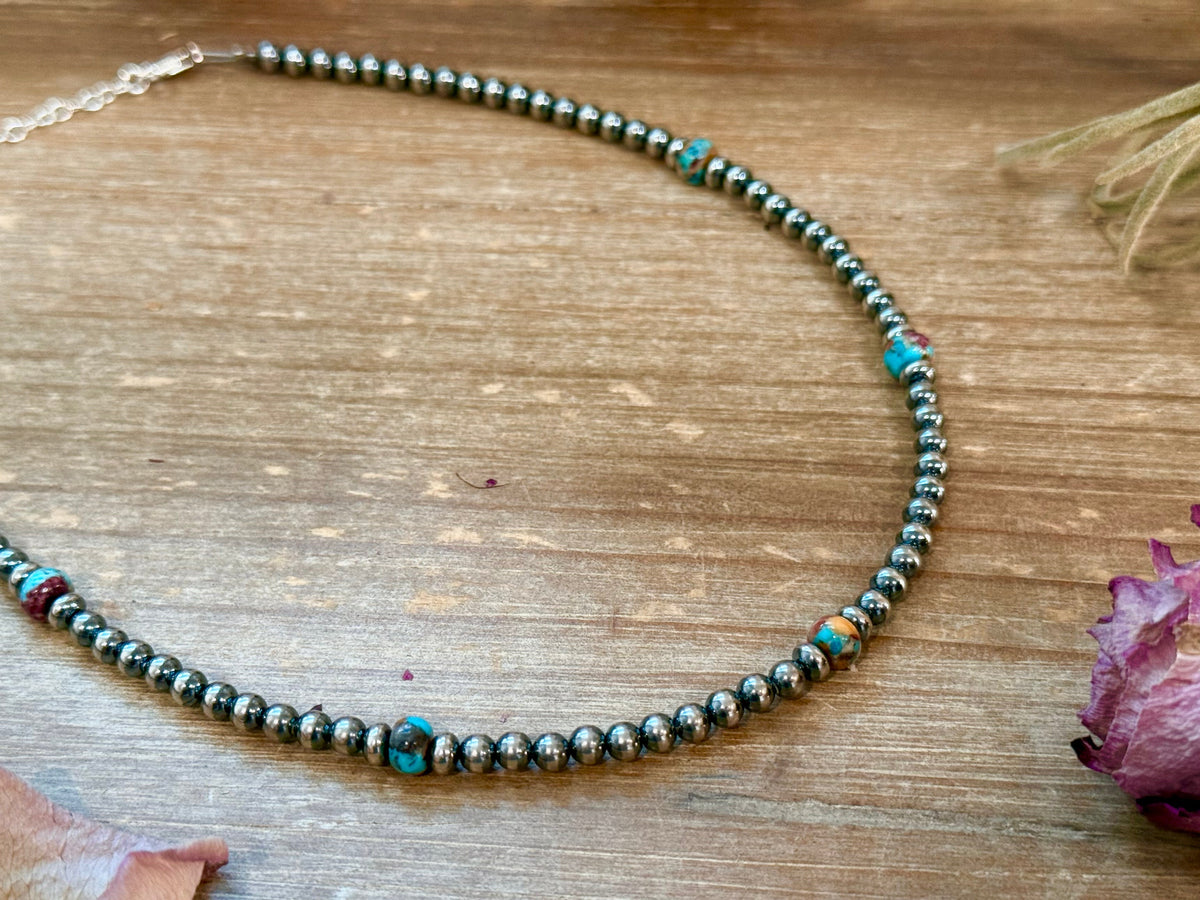 Mohave & Sterling Silver Beaded Necklace – 4 mm Sterling + 6 mm Mohave -DS