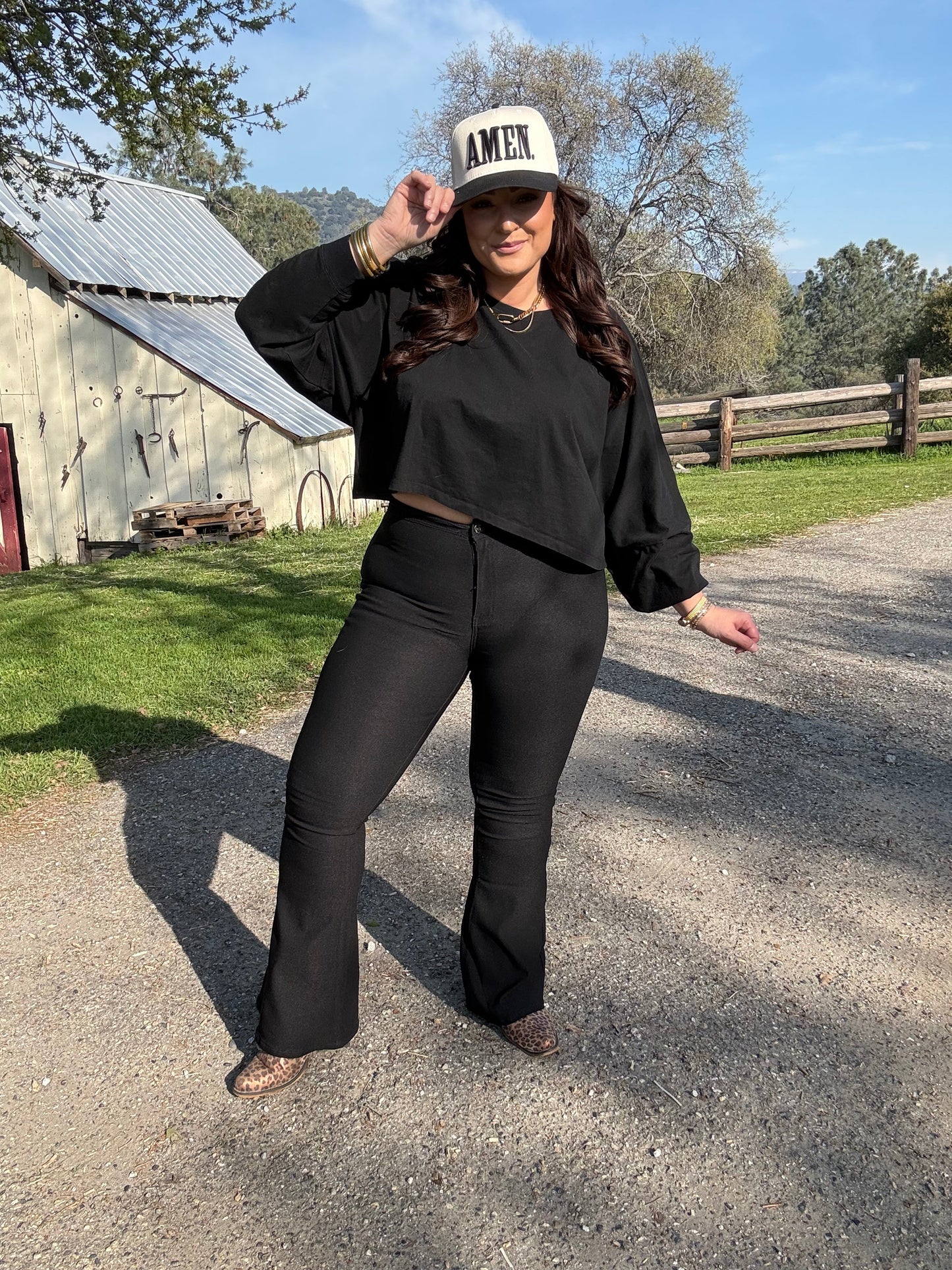 Fiona High Waisted Bell Bottom Flare Jeans - Black -DS