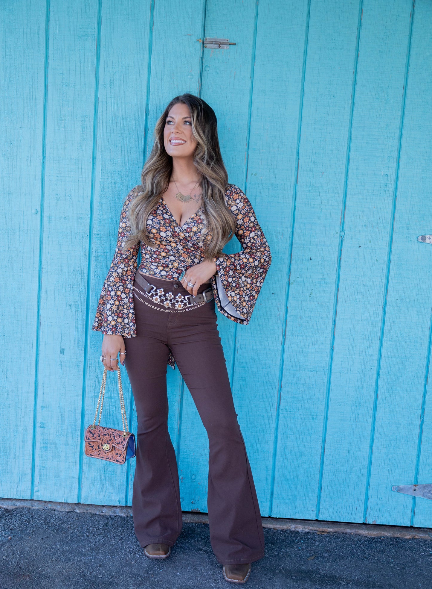 Fiona High Waisted Bell Bottom Flare Jeans - Chocolate Brown -DS