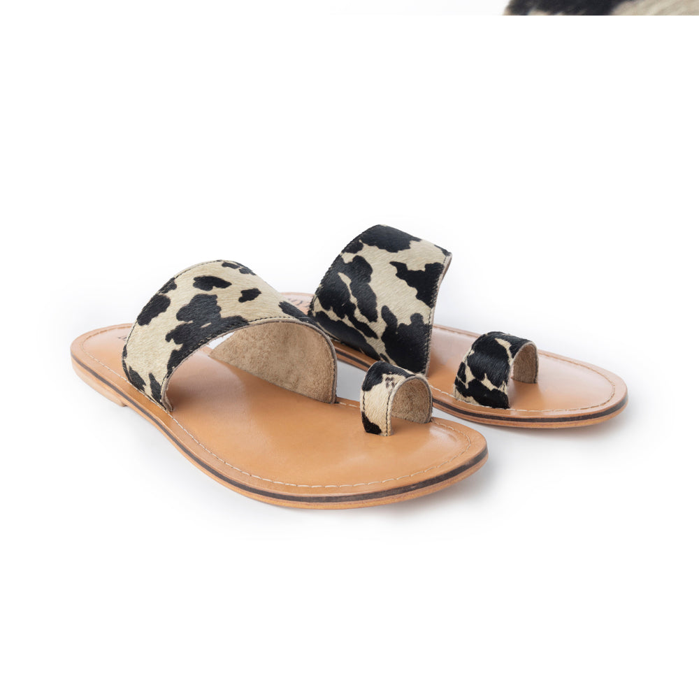 Myra Cattle Trail Hairon Leather Sandals in Ivory Cowhide -DS