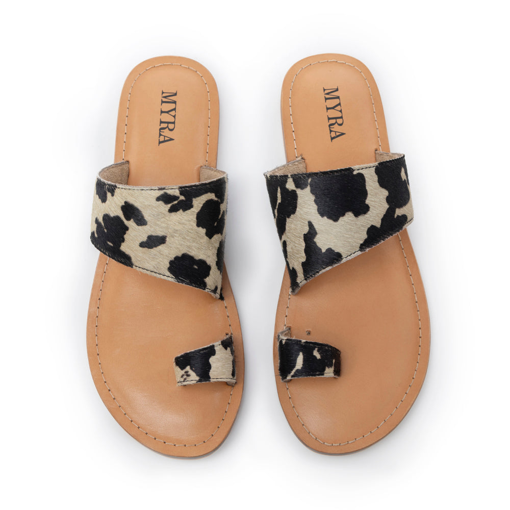 Myra Cattle Trail Hairon Leather Sandals in Ivory Cowhide -DS