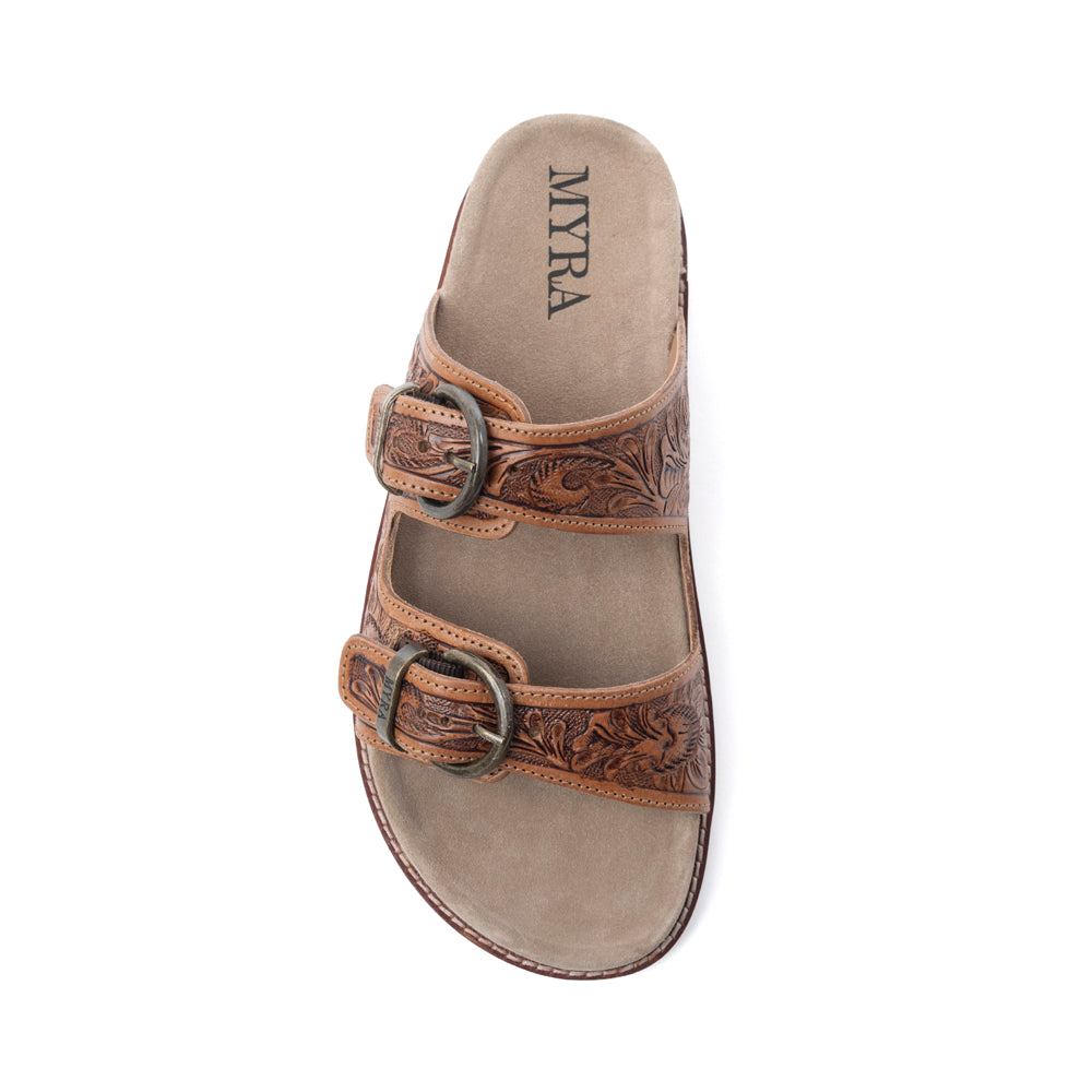 Myra Desert Fern Handtooled Leather Sandals in Autumn Tan -DS