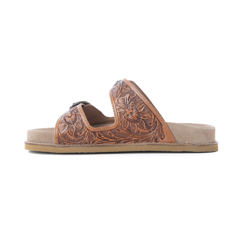 Myra Desert Fern Handtooled Leather Sandals in Autumn Tan -DS