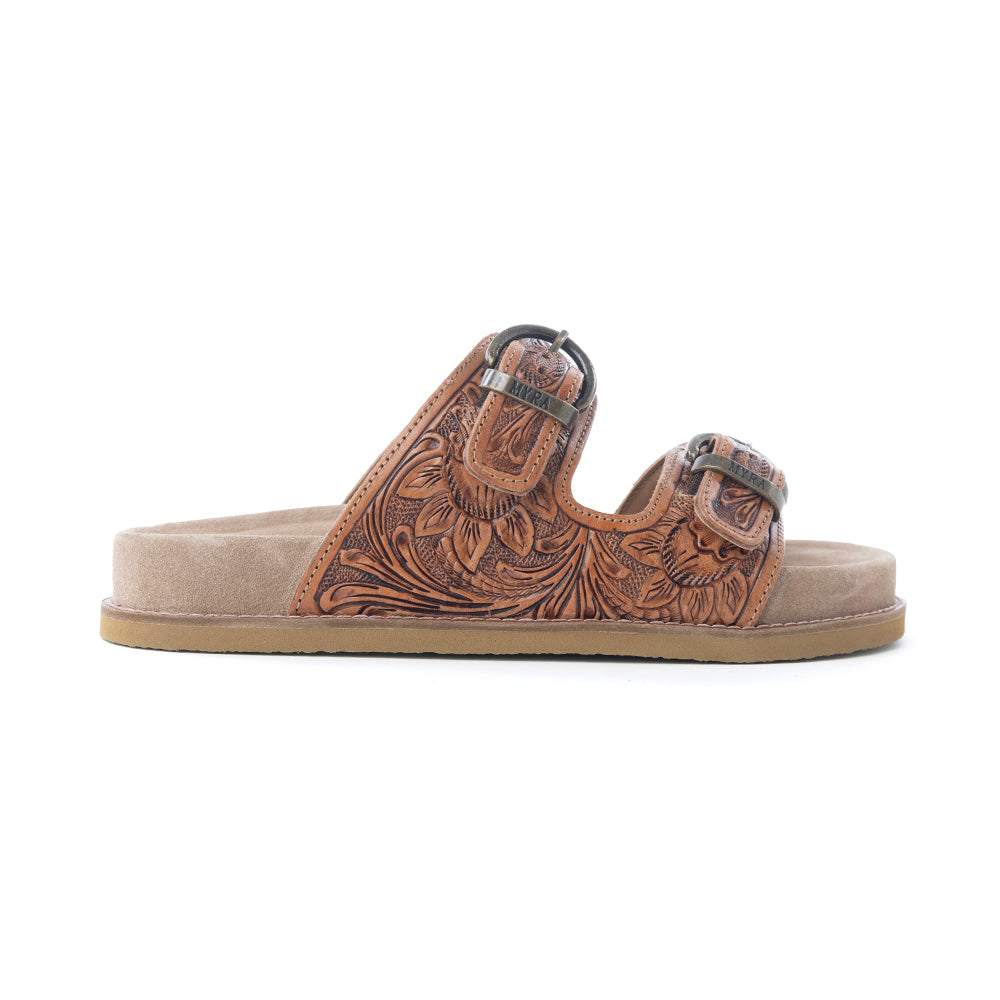 Myra Desert Fern Handtooled Leather Sandals in Autumn Tan -DS