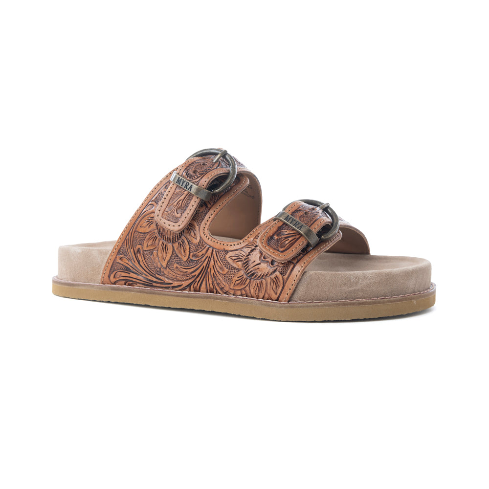 Myra Desert Fern Handtooled Leather Sandals in Autumn Tan -DS