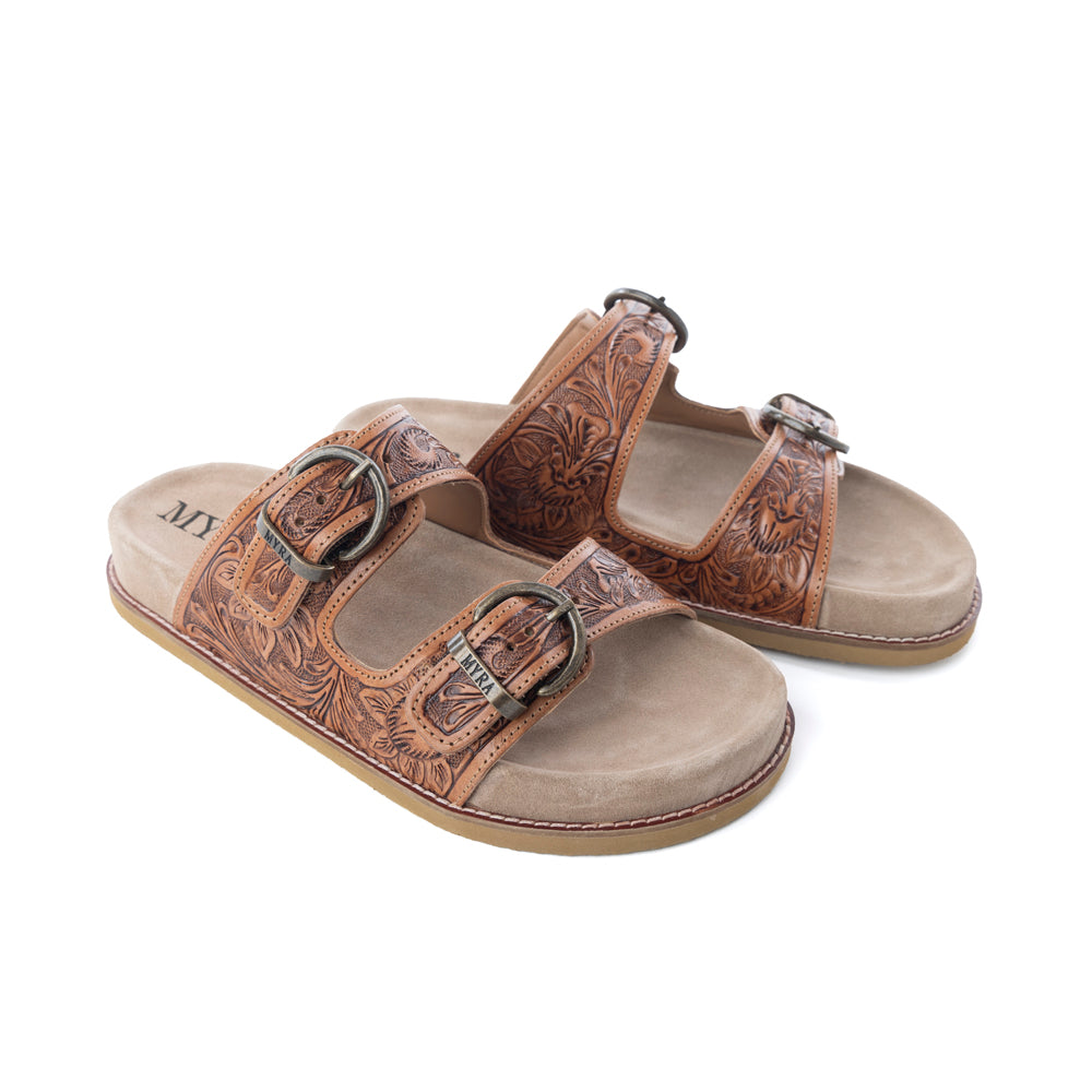 Myra Desert Fern Handtooled Leather Sandals in Autumn Tan -DS