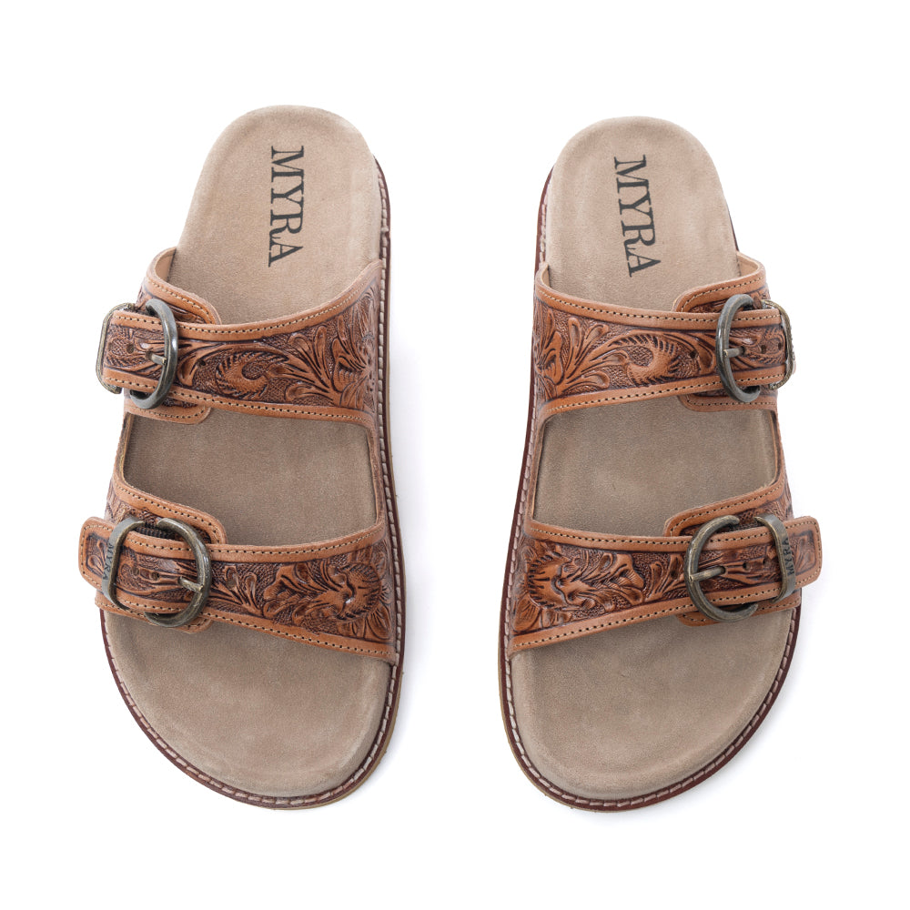 Myra Desert Fern Handtooled Leather Sandals in Autumn Tan -DS