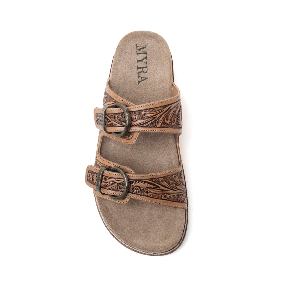 Myra Willow Bloom Handtooled Leather Sandals in Ashen Brown -DS