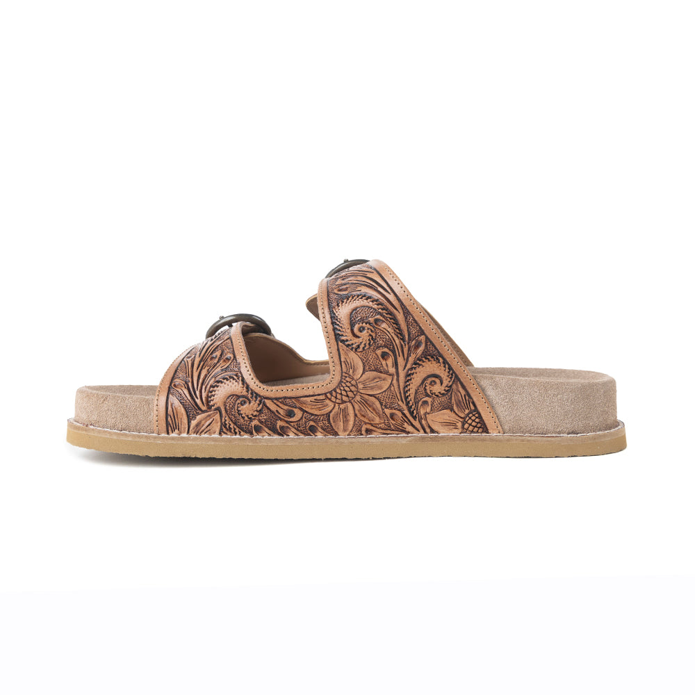 Myra Willow Bloom Handtooled Leather Sandals in Ashen Brown -DS