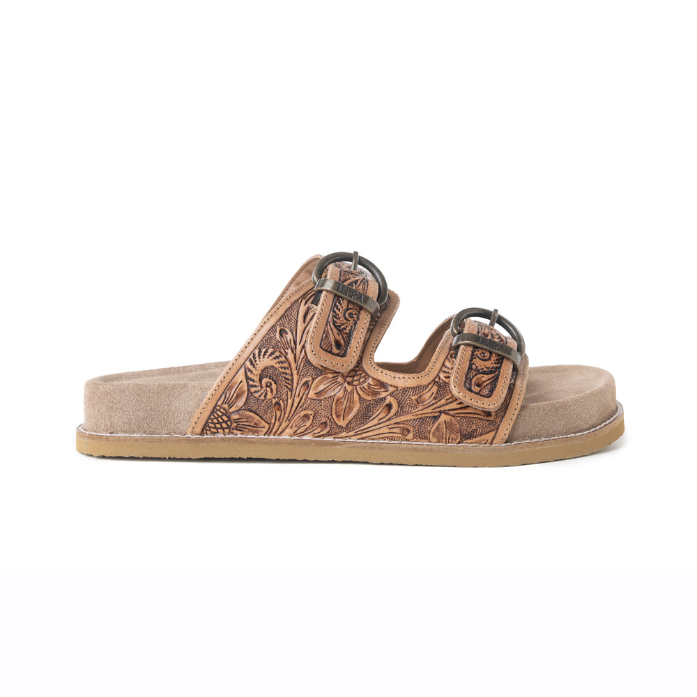 Myra Willow Bloom Handtooled Leather Sandals in Ashen Brown -DS