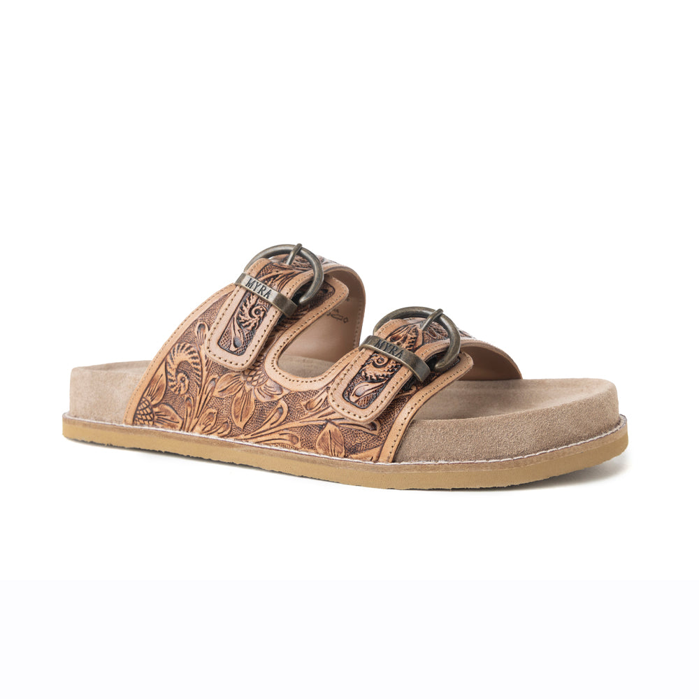 Myra Willow Bloom Handtooled Leather Sandals in Ashen Brown -DS