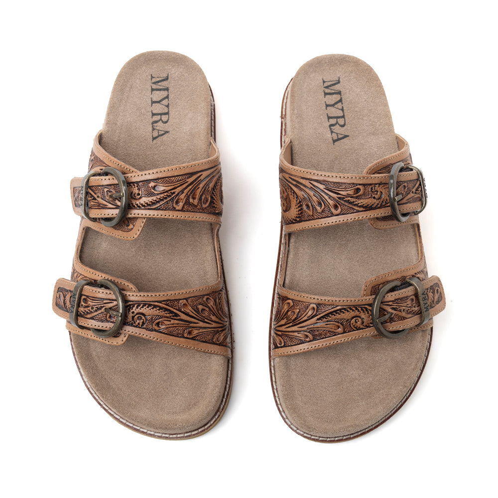 Myra Willow Bloom Handtooled Leather Sandals in Ashen Brown -DS