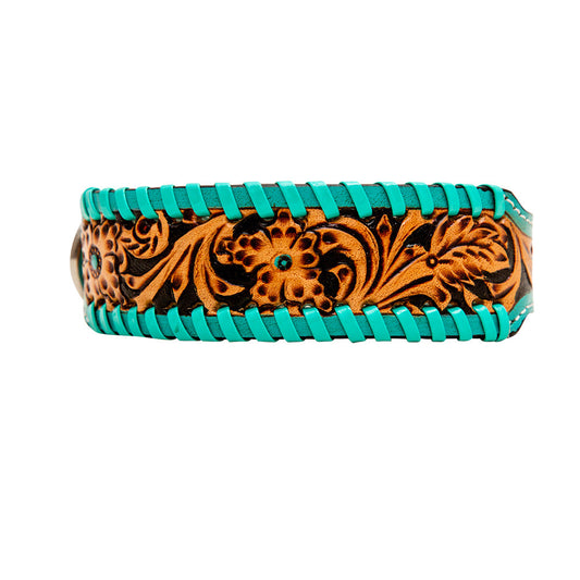 Myra Acety Dog Collar in aqua with handtooled leather in western style/ Myra Acety Dog Collar in brown -DS