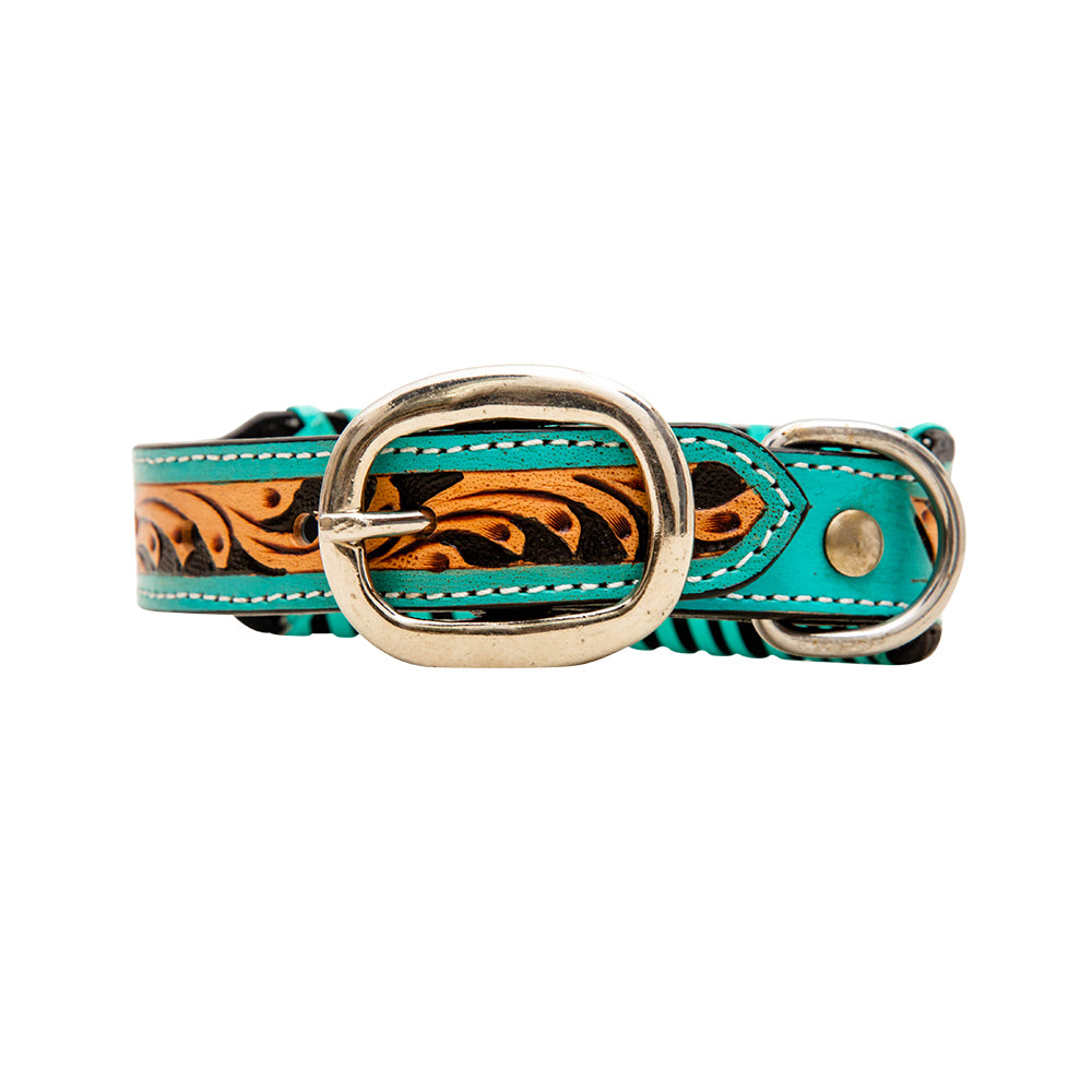 Myra Acety Dog Collar in aqua with handtooled leather in western style/ Myra Acety Dog Collar in brown -DS