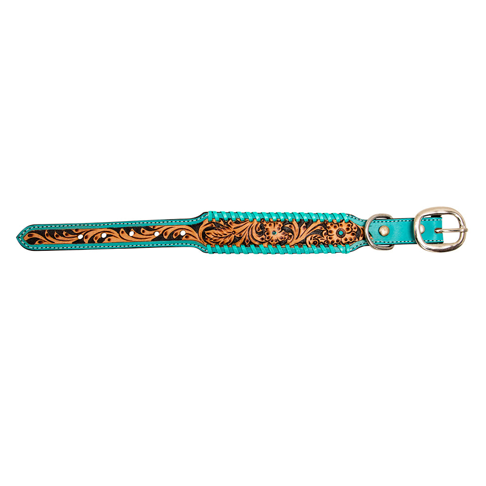 Myra Acety Dog Collar in aqua with handtooled leather in western style/ Myra Acety Dog Collar in brown -DS