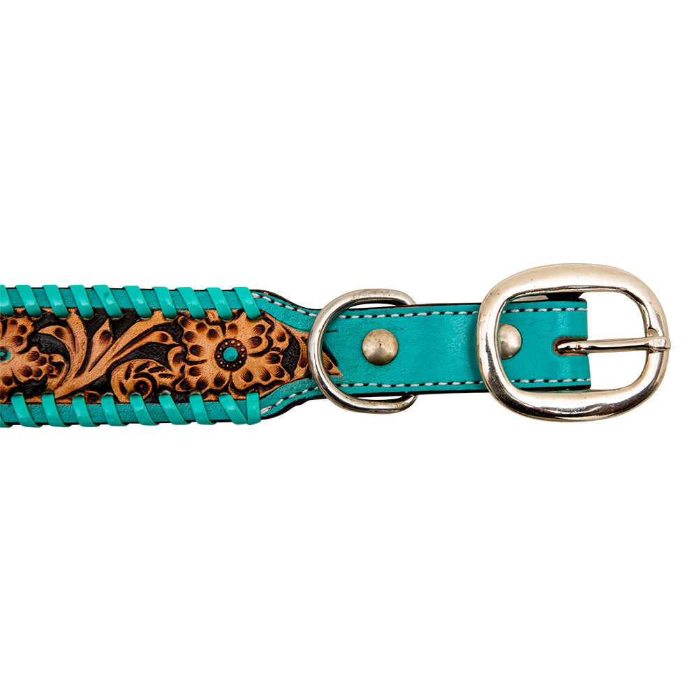 Myra Acety Dog Collar in aqua with handtooled leather in western style/ Myra Acety Dog Collar in brown -DS