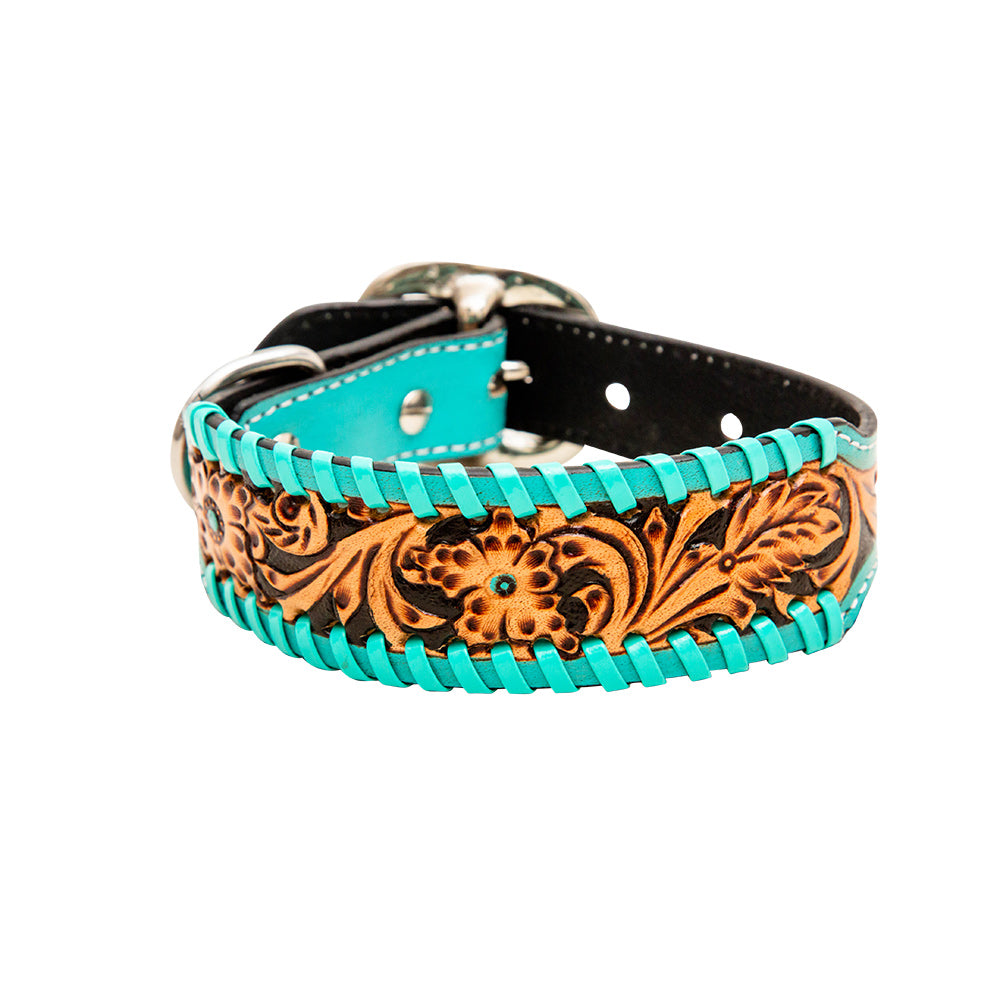 Myra Acety Dog Collar in aqua with handtooled leather in western style/ Myra Acety Dog Collar in brown -DS