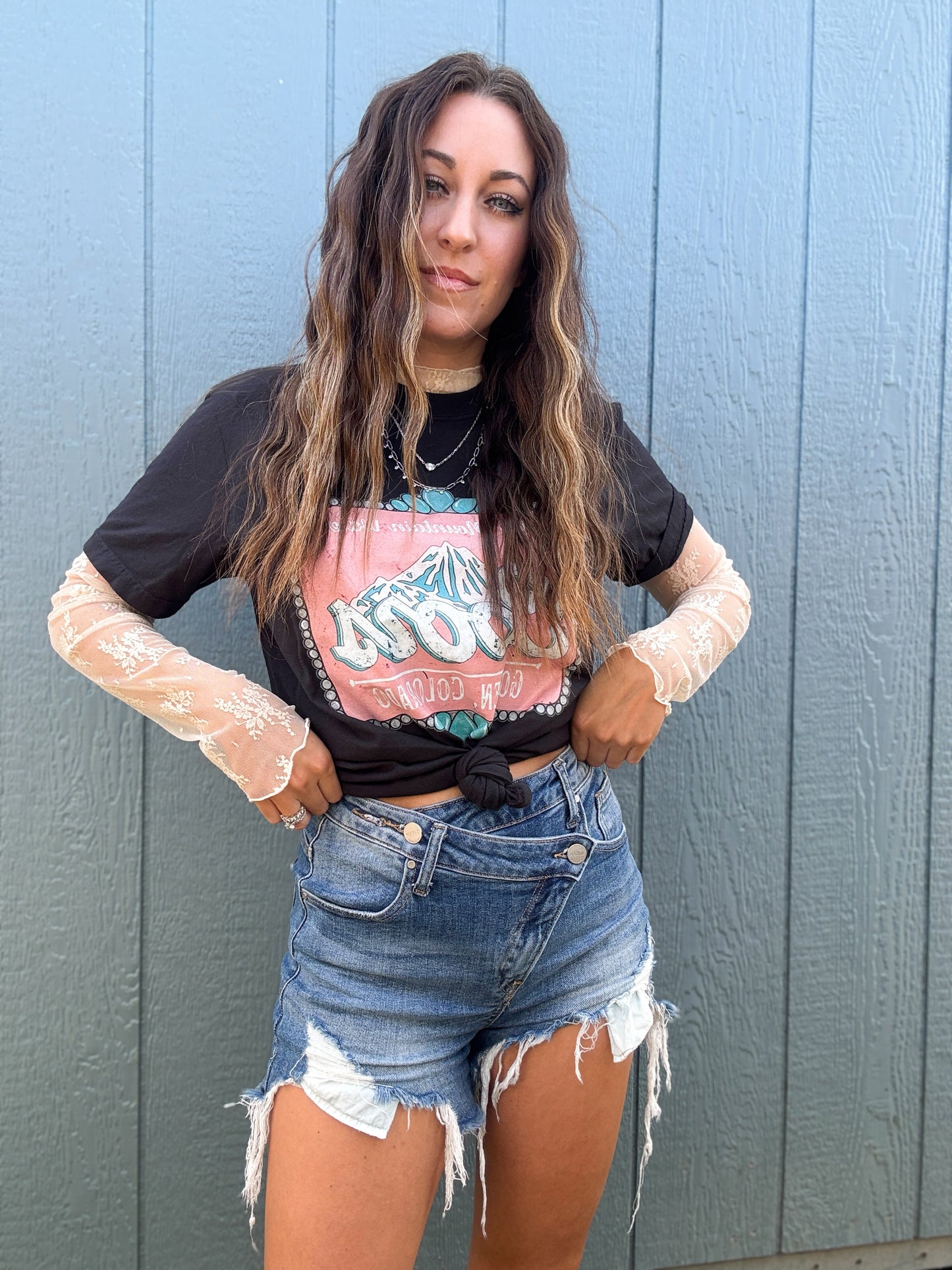 Lindsey Asymmetrical Distressed Shorts- Medium Wash -DS