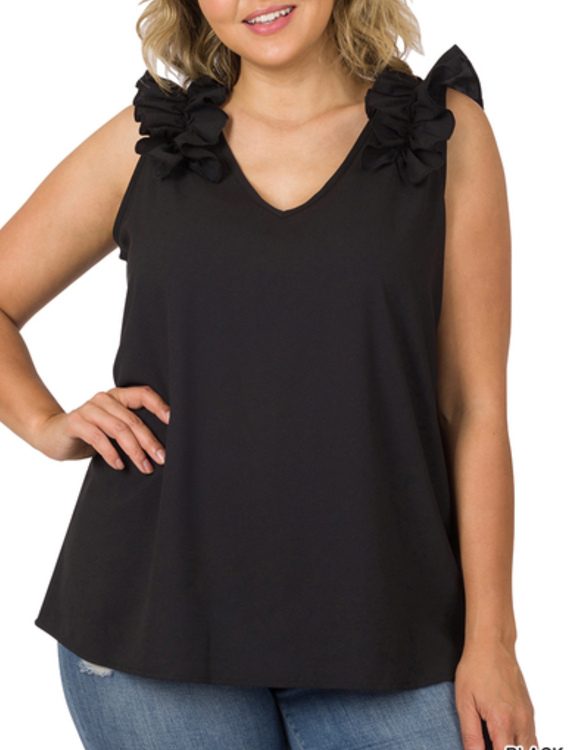 DS- Black - Plus Size - Ruffle Trim Sleeveless Top