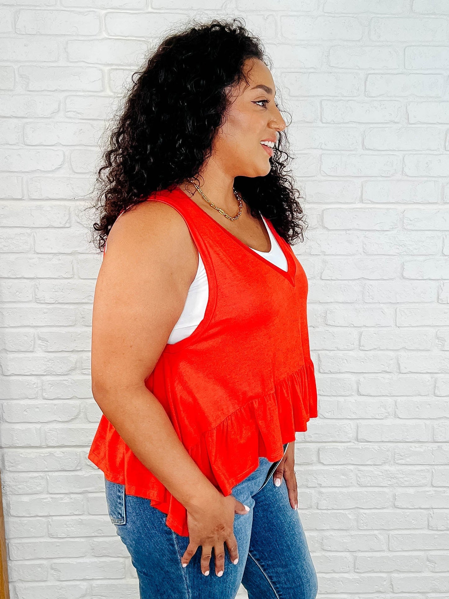 V-Neck Ruffled Peplum in Spicy Orange -DS