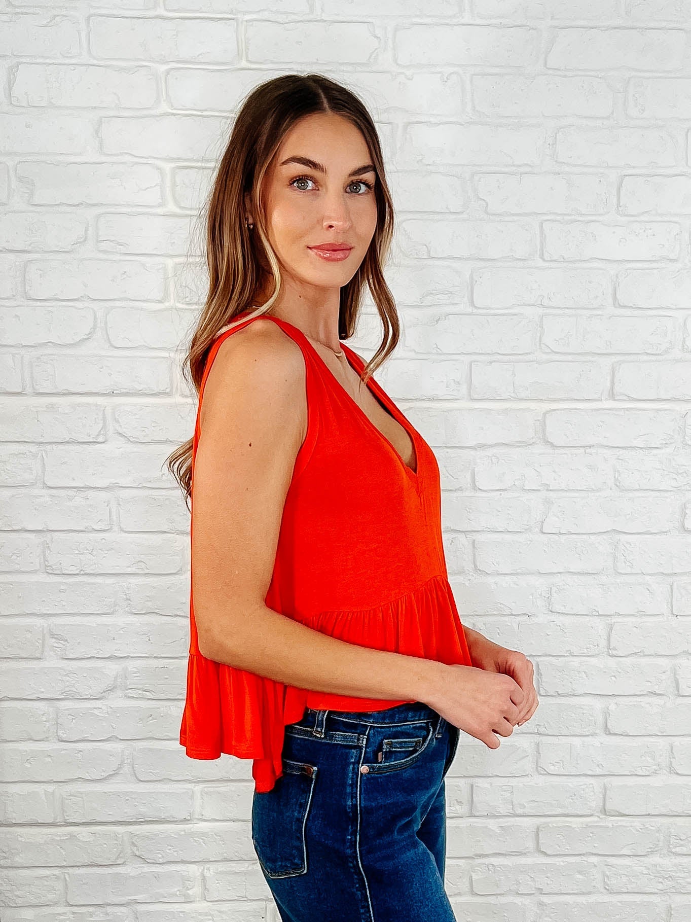 V-Neck Ruffled Peplum in Spicy Orange -DS