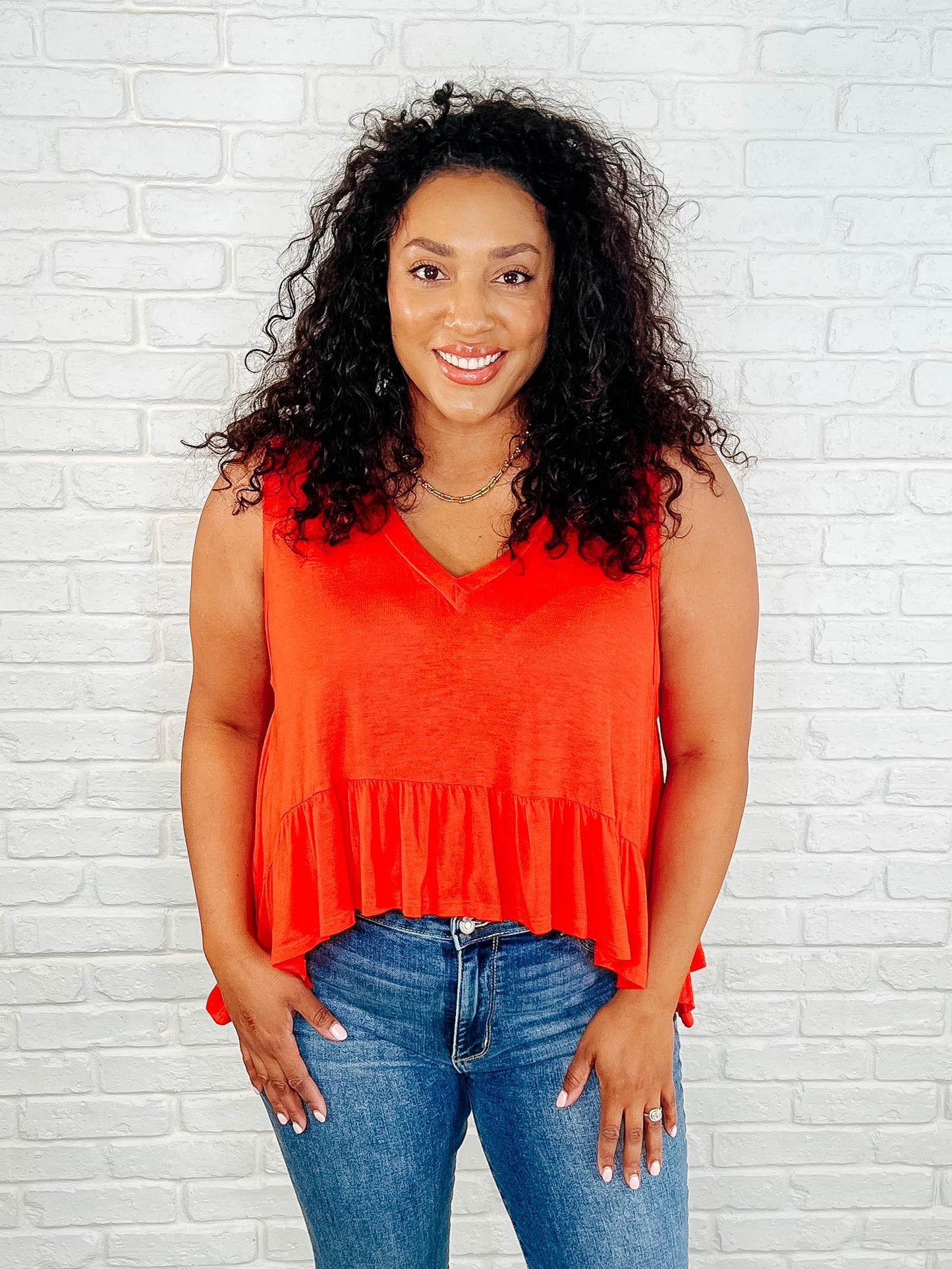 V-Neck Ruffled Peplum in Spicy Orange -DS