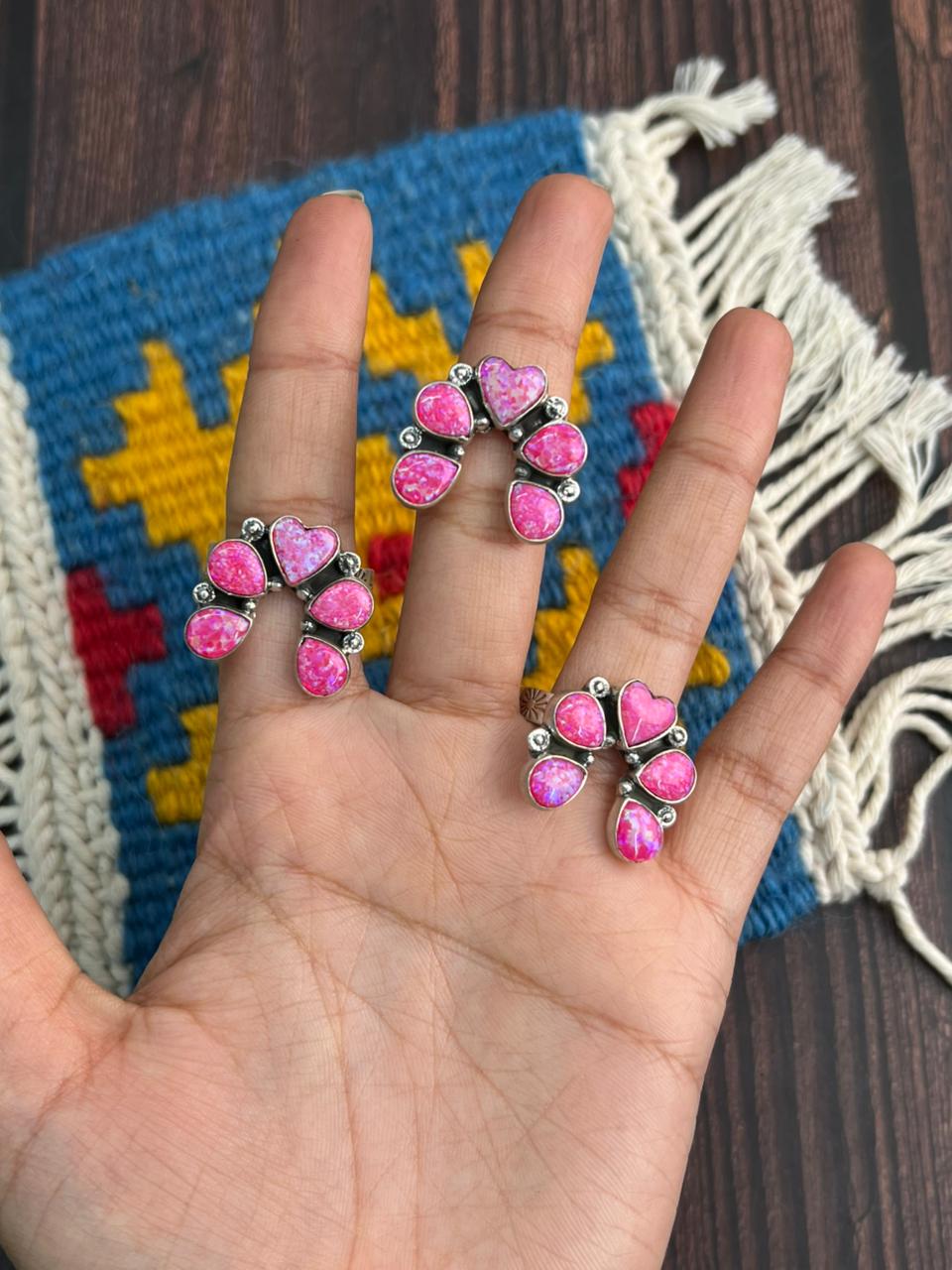 "Heart Collection" Handmade Sterling Silver Hot Pink Adjustable Ring "Signed Nizhoni" -DS