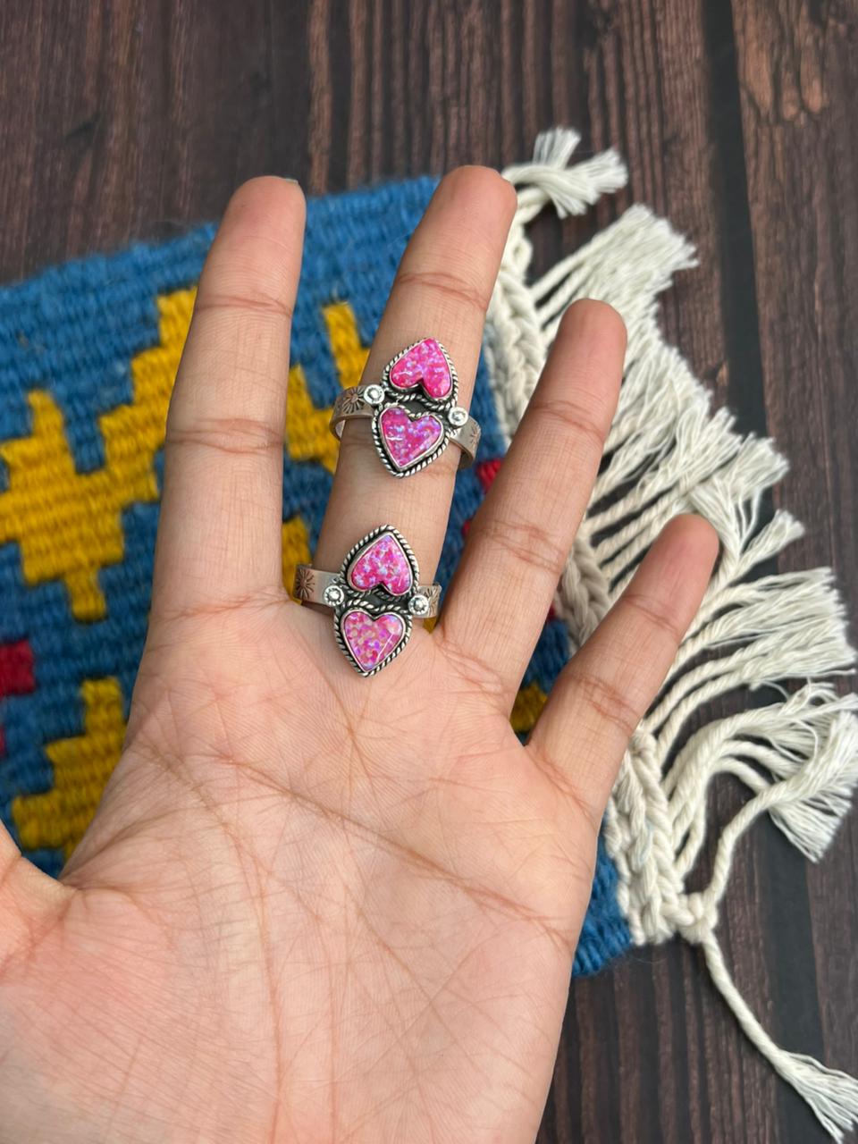 "Heart Collection" Handmade Sterling Silver Hot Pink Adjustable Ring "Signed Nizhoni" -DS