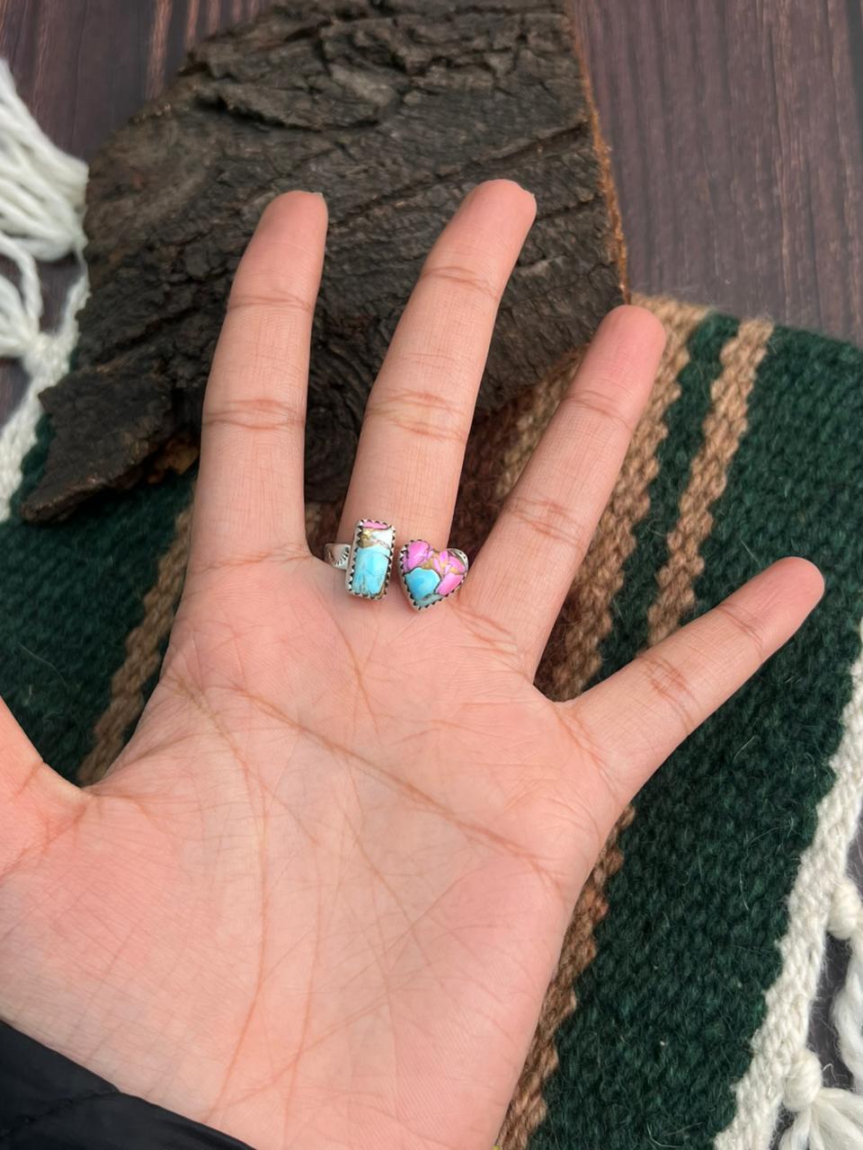 "Heart Collection" Handmade Sterling Silver Cotton Candy Adjustable Ring "Signed Nizhoni"-DS