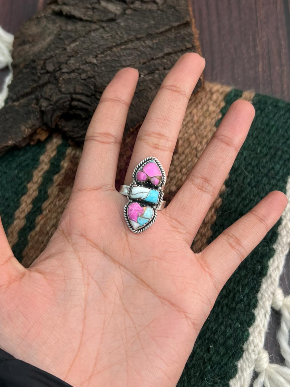 "Heart Collection" Handmade Sterling Silver Cotton Candy Adjustable Ring "Signed Nizhoni" -DS