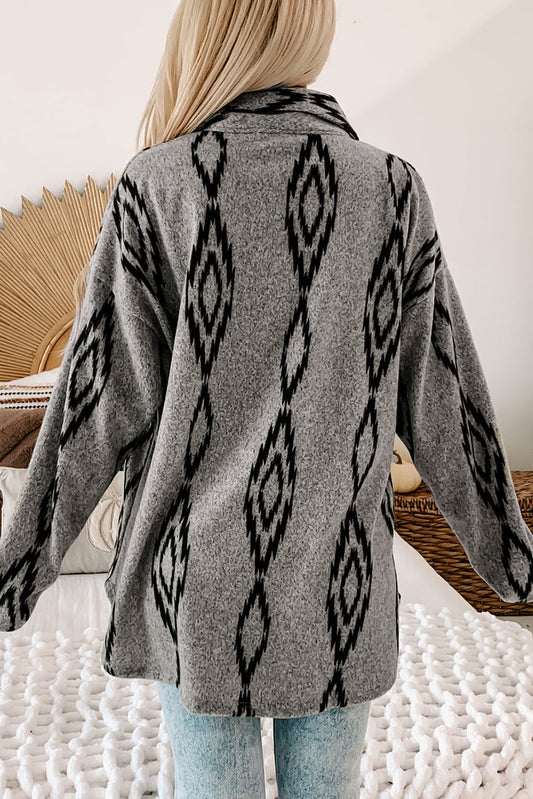 Gray Aztec Contrast Chest Pockets Loose Shacket -DS
