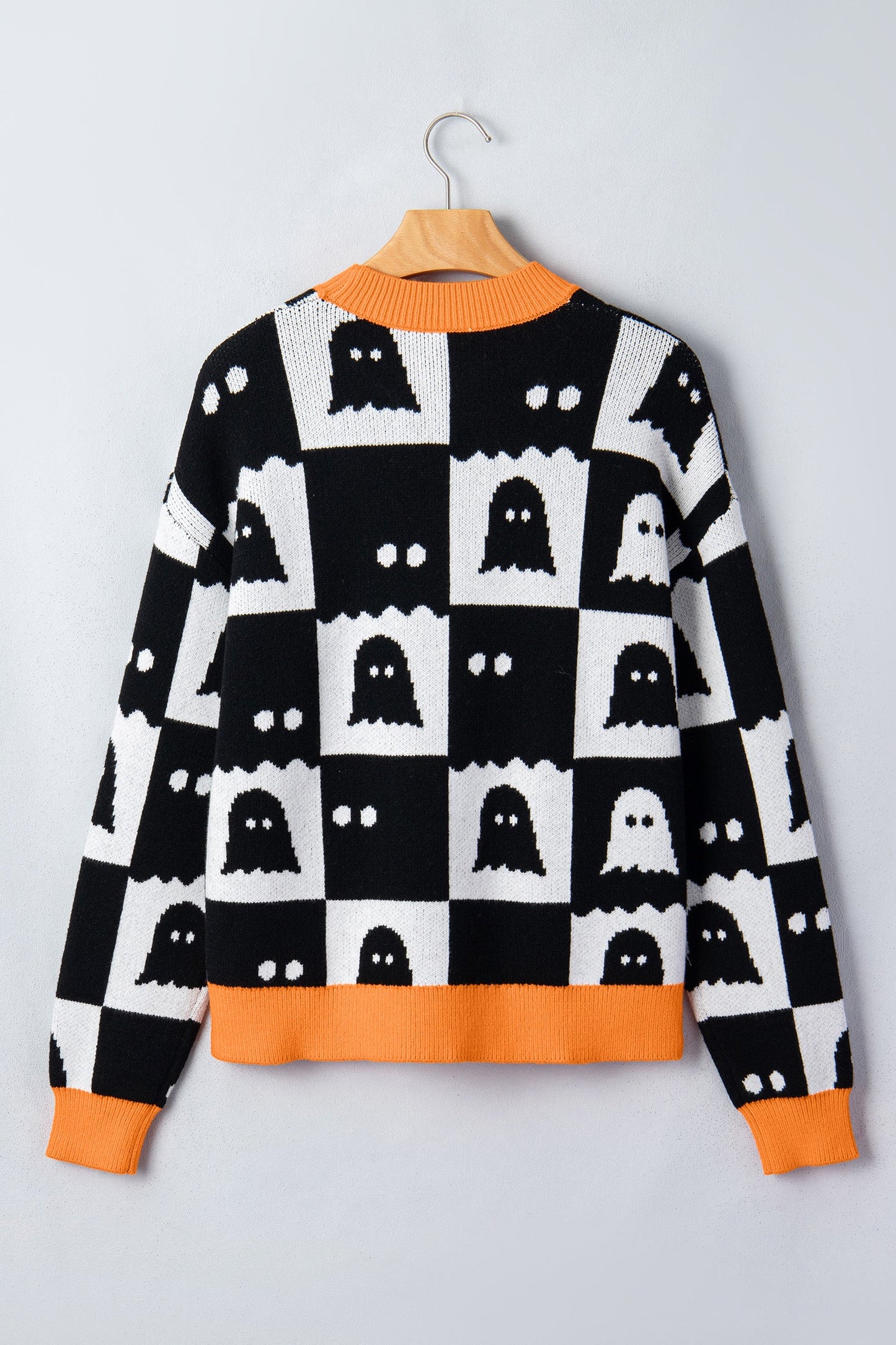 Halloween Ghost Checker High Neck Drop Shoulder Sweater -DS