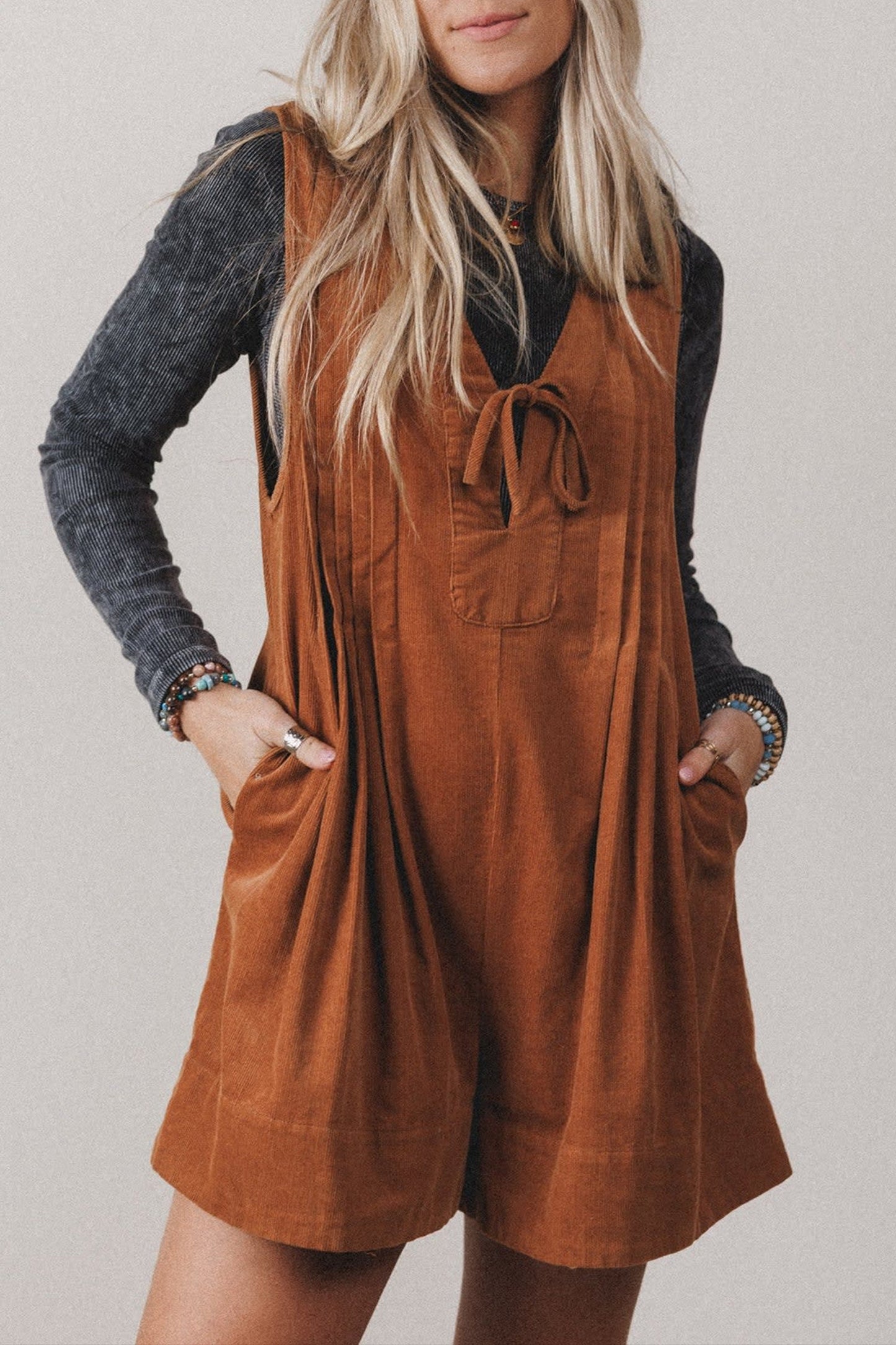 Solid Tie V-Neck Sleeveless Corduroy Romper -DS