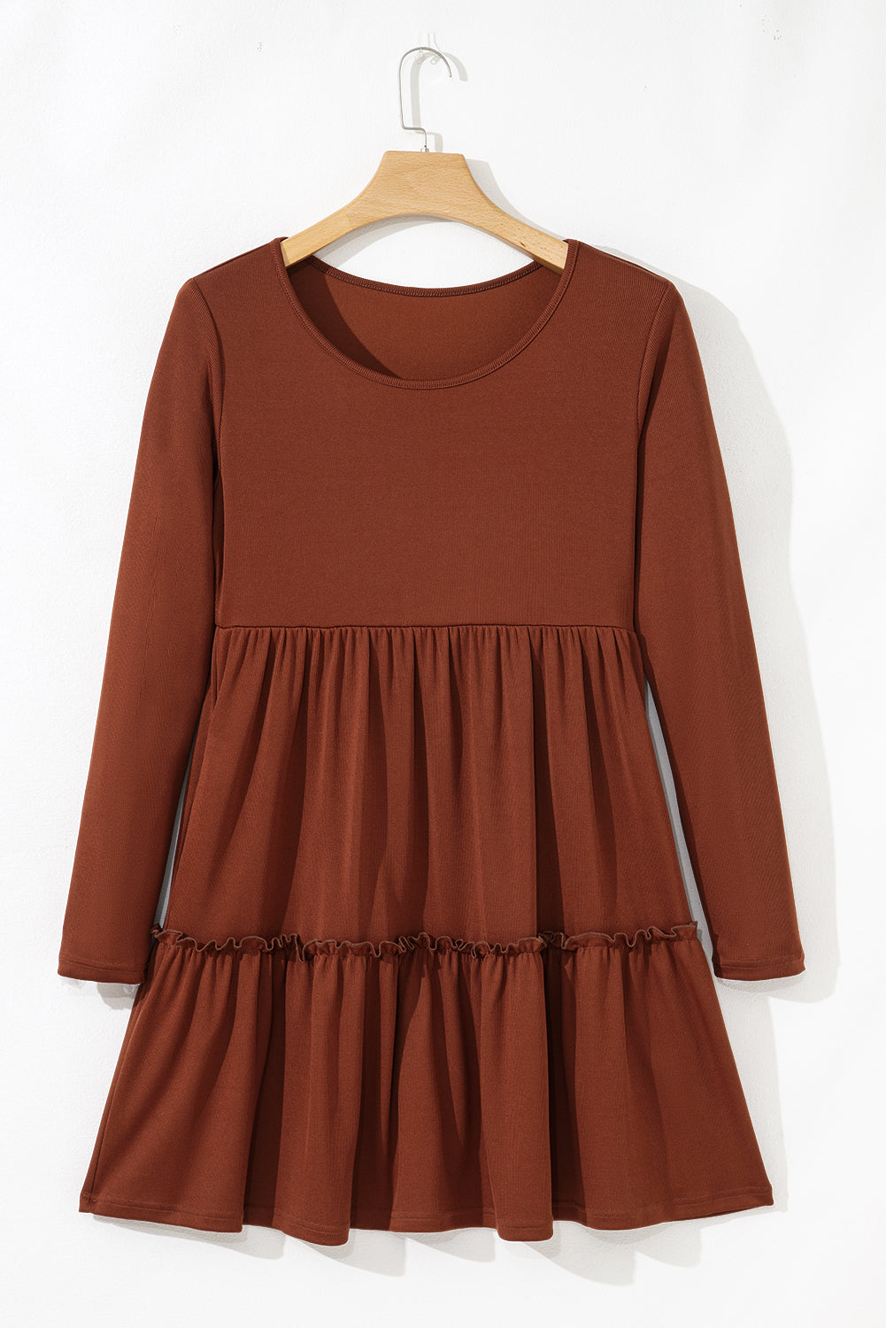Ribbed Ruffle Trim High Waist Long Sleeve Mini Dress -DS