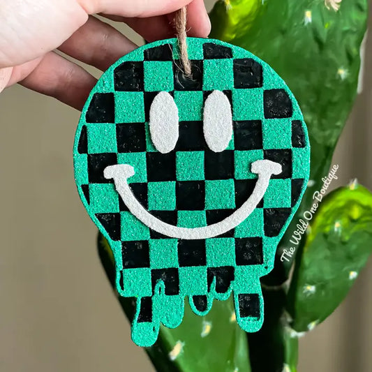 Turquoise Checkered Smiley Car Freshie