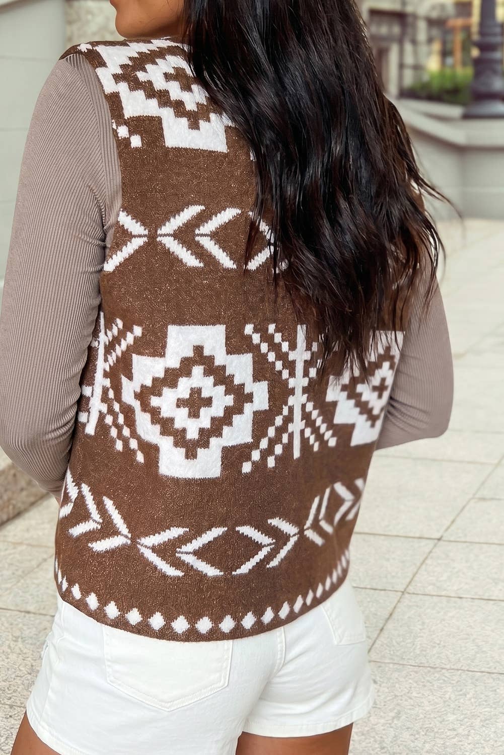 Western Aztec Button Square Neck Sweater Vest