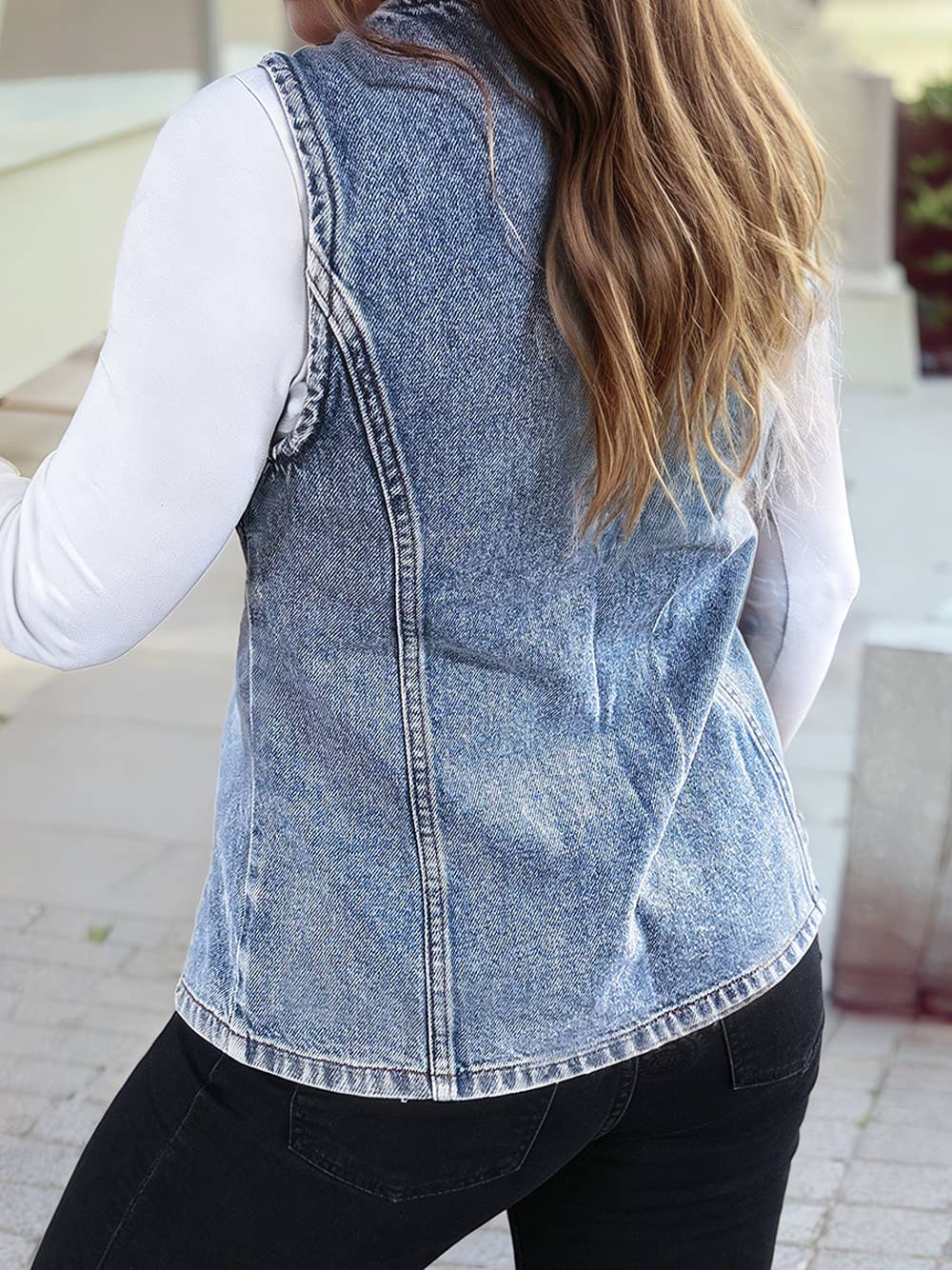 Western Button Down Front Slit Denim Vest