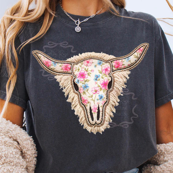 Light Boho Floral Cow Skull W/ Fringe