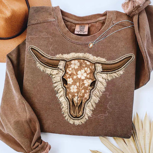 Brown Boho Floral Cow Skull W/ Fringe - KIDS