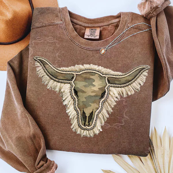 Vintage Camo Cow Skull W/ Fringe - KIDS