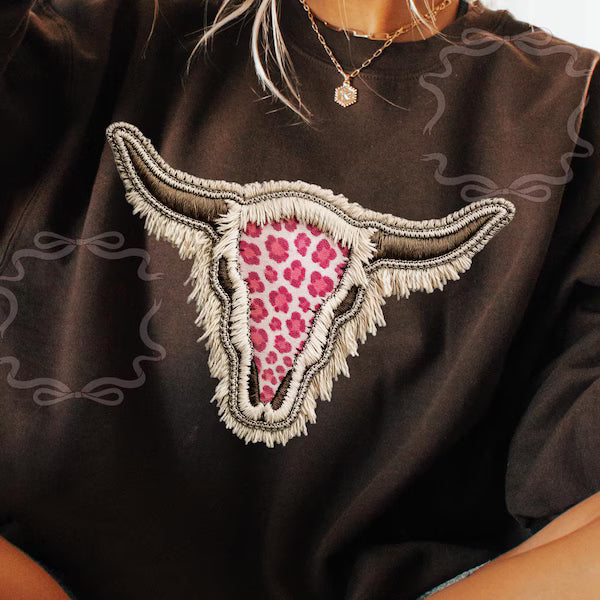 Pink Leopard Cow Skull W/ Fringe