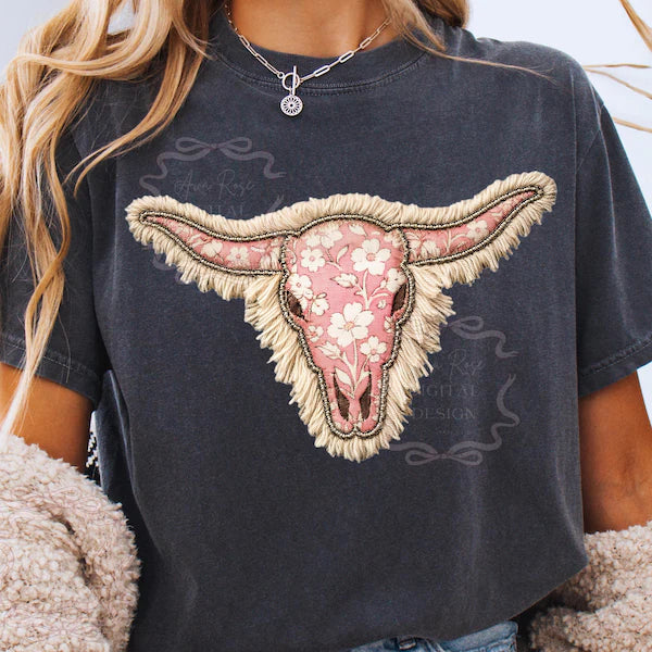 Pink Boho Floral Cow Skull W/ Fringe
