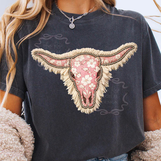 Pink Boho Floral Cow Skull W/ Fringe - KIDS