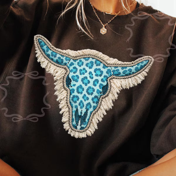 Blue Leopard Cow Skull W/ Fringe - KIDS