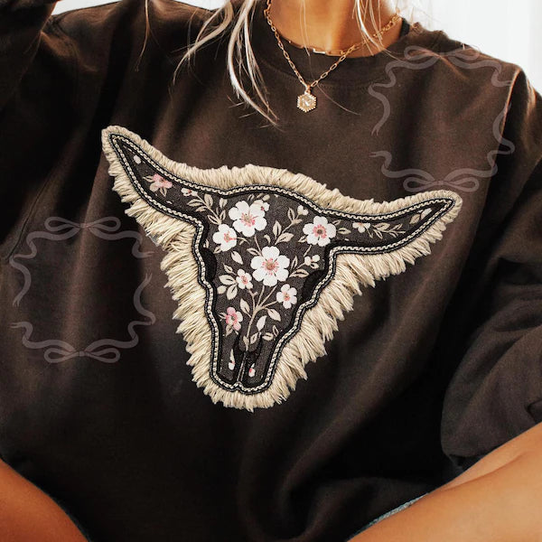 Dark Boho Floral Cow Skull W/ Fringe - KIDS